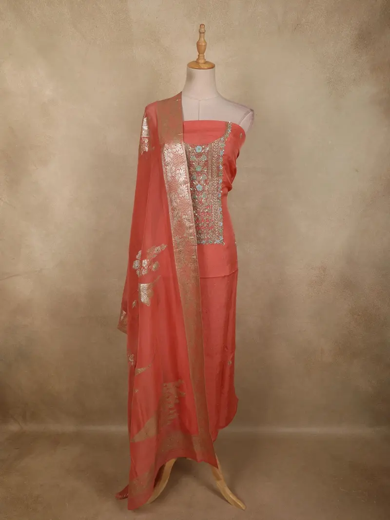 Soft Peach Floral Sequins And Zardozi Embroidered Design Tissue Unstitched Salwar Material With Dupatta 1