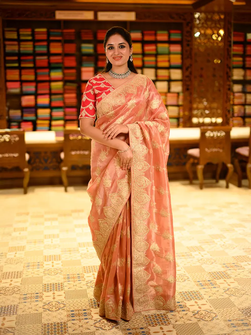 Soft Peach Floral Sequins And Zari Embroidered Design Tissue Organza Saree With Designer Border 1
