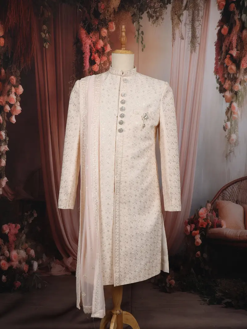 Soft Peach Floral Vine Thread Embroidered Design Jacquard Indo Western Sherwani Suit 1