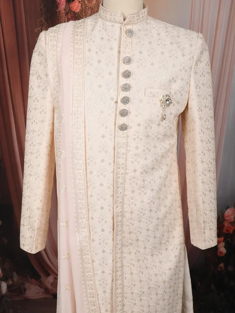 Soft Peach Floral Vine Thread Embroidered Design Jacquard Indo Western Sherwani Suit 2