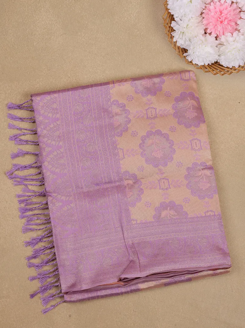Soft Peach Floral Woven Art Silk Saree With Lavender Border 1