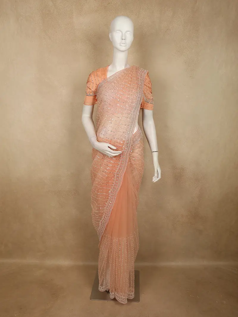 Soft Peach Heavy Sequins And Beads Embroidered Design Net Designer Saree With Scalloped Border 1