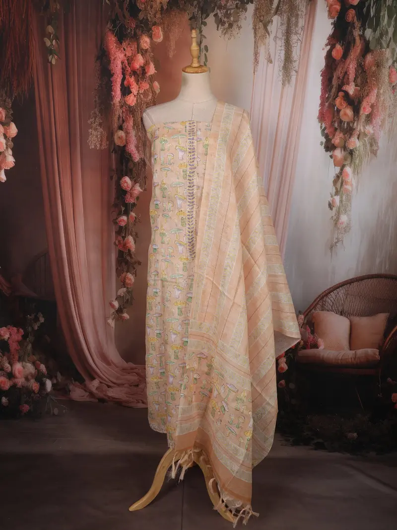 Soft Peach Nature Inspired Printed Design Cotton Unstitched Salwar Material With Dupatta 1