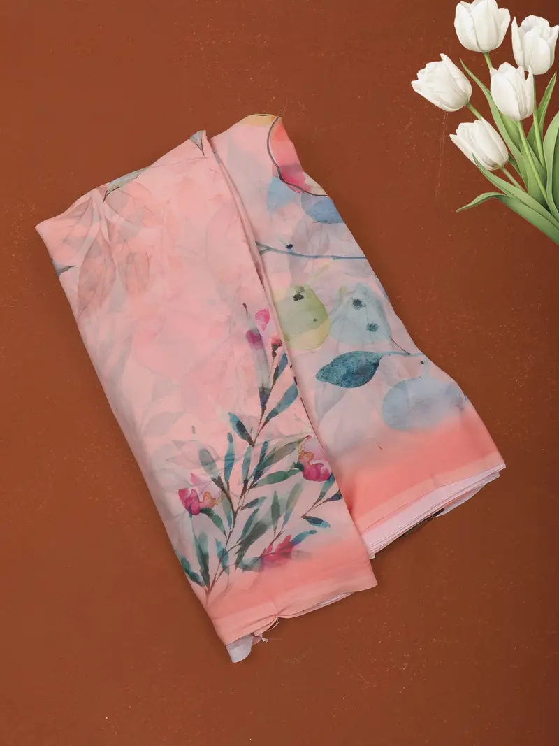 Soft Peach Pastel Abstract Floral Printed Chiffon Saree With Ombre Border 1