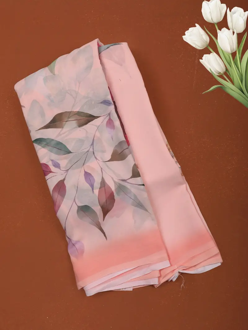 Soft Peach Pastel Leaf Printed Chiffon Saree With Ombre Border 1
