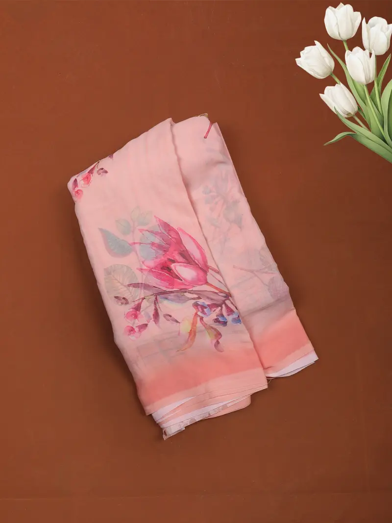 Soft Peach Pastel Leaf Printed Chiffon Saree With Ombre Border 1