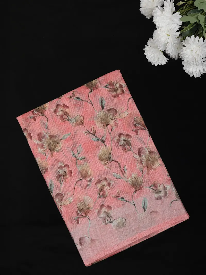 Soft Peach Pink Floral Printed Design Mixed Cotton Saree 1