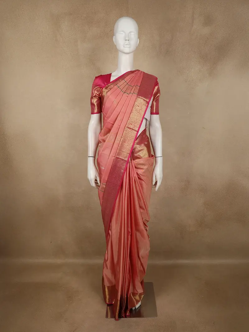 Soft Peach Pink Floral Zari Woven Design Pure Kanchipuram Silk Saree With Contrast Border 1