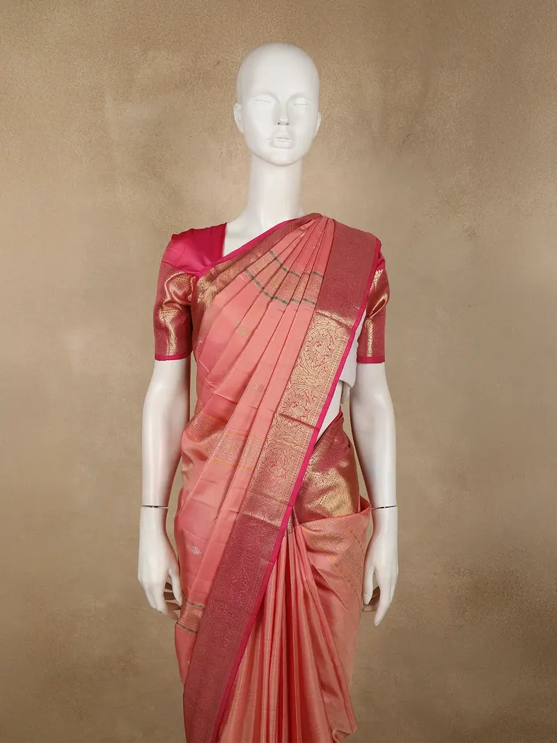 Soft Peach Pink Floral Zari Woven Design Pure Kanchipuram Silk Saree With Contrast Border 2