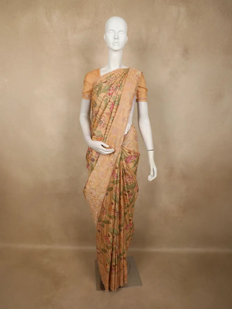 Soft Peach Traditional Lotus Pond Printed Design Pure Tussar Saree With Sequins Border 1