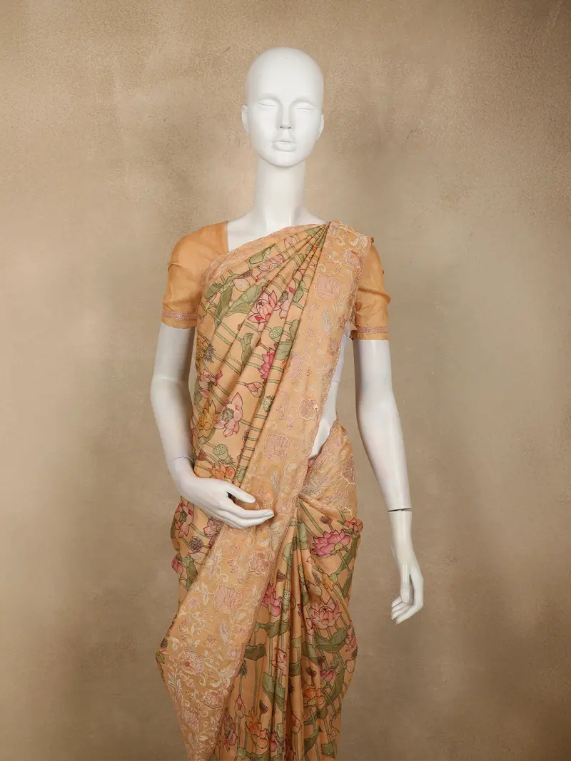 Soft Peach Traditional Lotus Pond Printed Design Pure Tussar Saree With Sequins Border 2