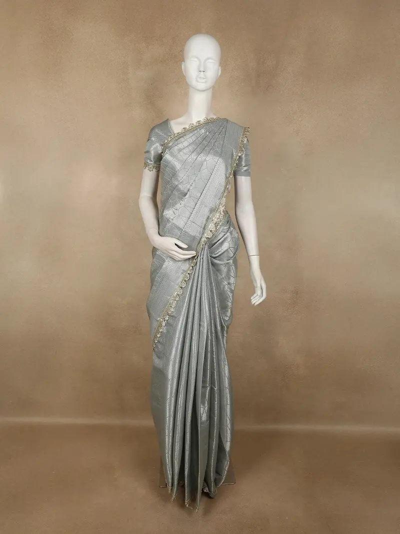 Soft Pearl Silver Grey Leaf Zari Woven Design Tissue Designer Saree With Sequins Border 1