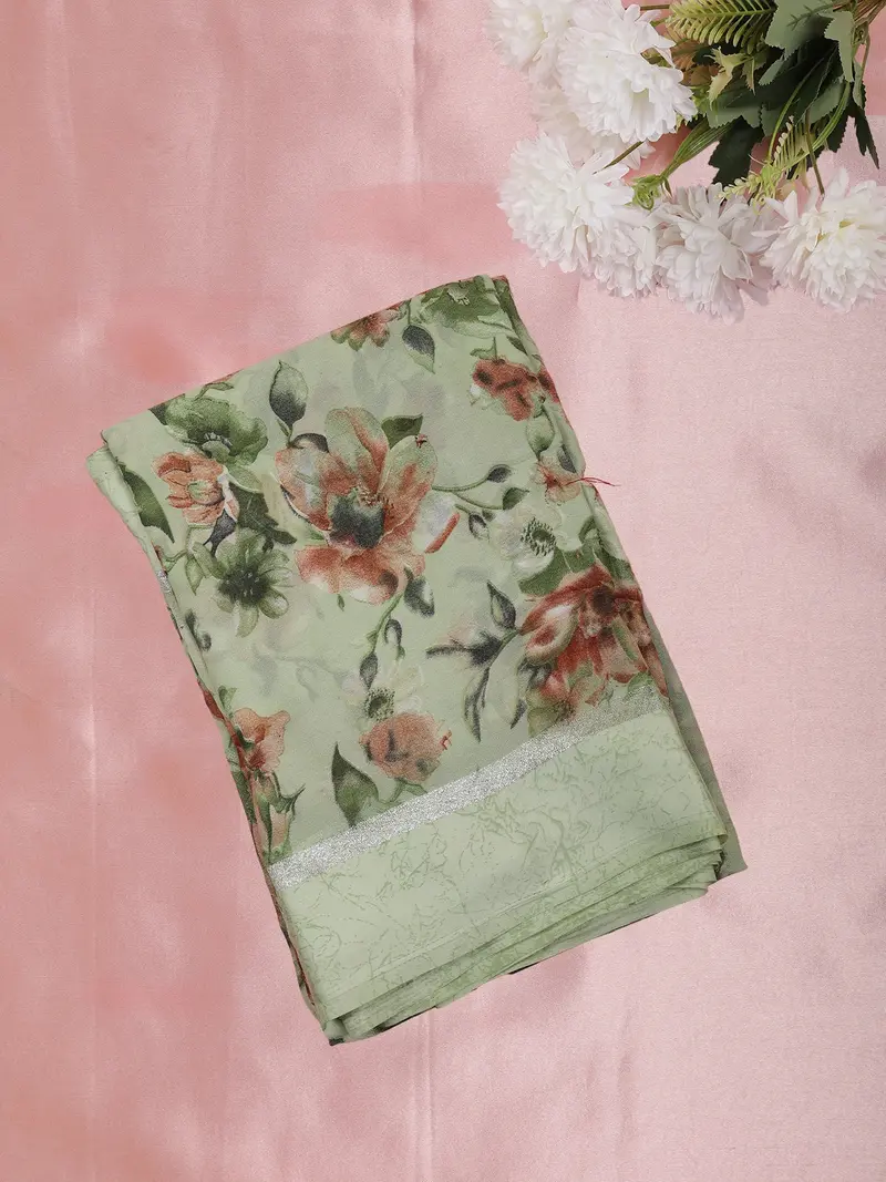 Soft Pistachio Green Floral Printed Design Mixed Cotton Saree 1