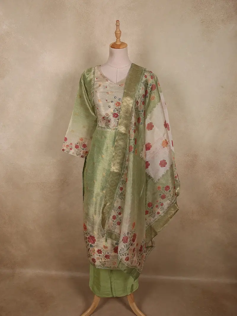 Soft Pistachio Green Floral Thread Embroidered Design Tissue Straight Cut Salwar Suit 1