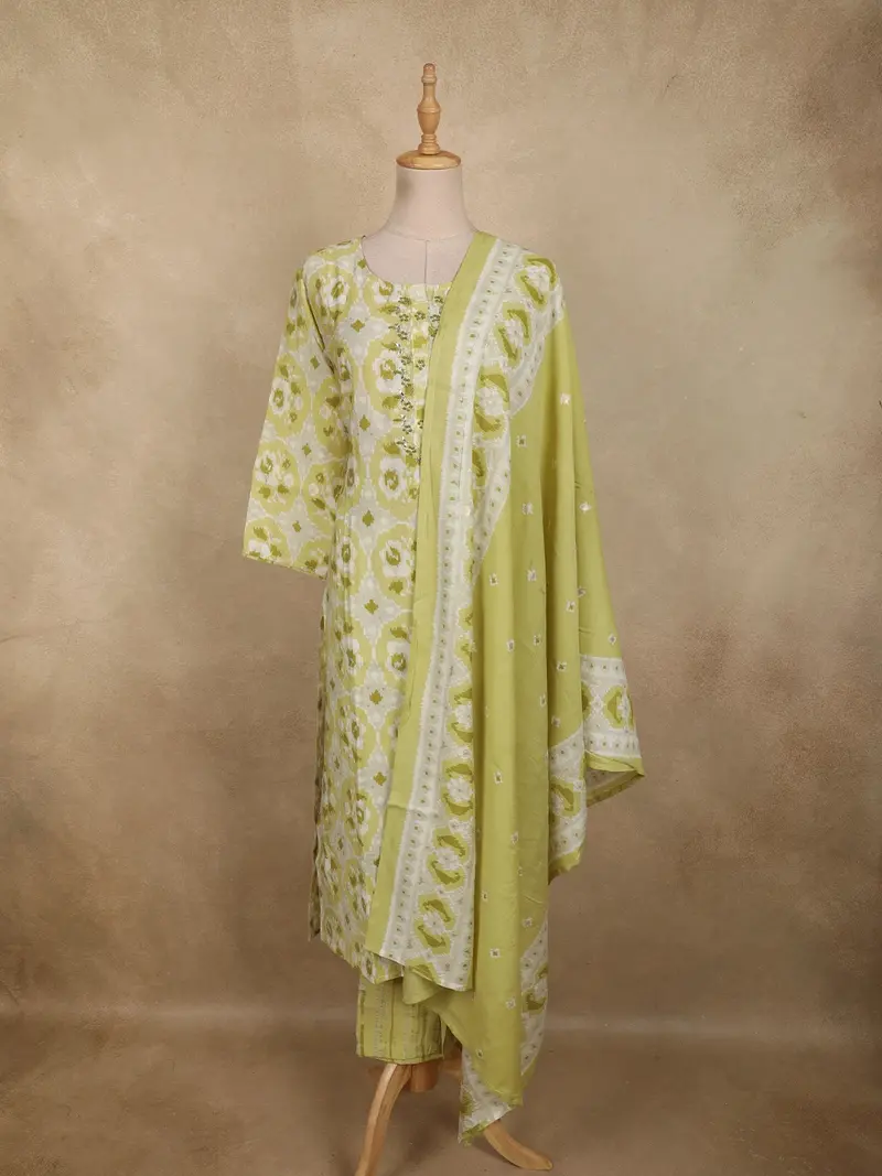 Soft Pistachio Green Ikat Printed Design Cotton Salwar Suit With Dupatta 1