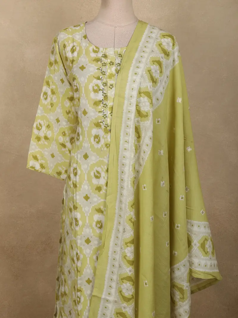 Soft Pistachio Green Ikat Printed Design Cotton Salwar Suit With Dupatta 2