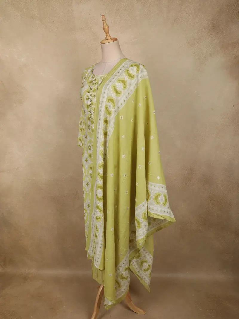 Soft Pistachio Green Ikat Printed Design Cotton Salwar Suit With Dupatta 3
