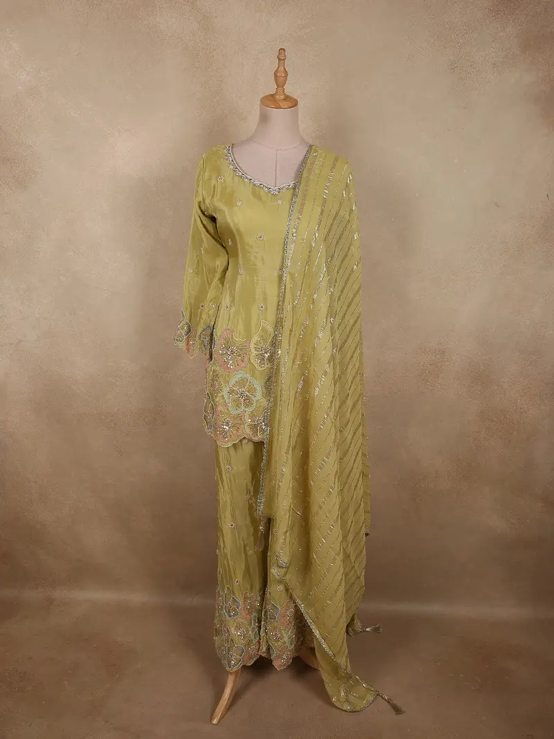 Soft Pistachio Lime Green Floral Sequins And Beads Embroidered Design Satin Palazzo Suit With Dupatta 1