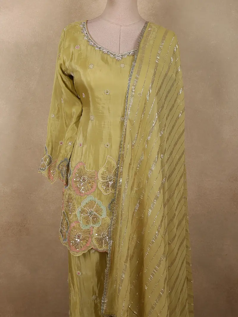 Soft Pistachio Lime Green Floral Sequins And Beads Embroidered Design Satin Palazzo Suit With Dupatta 2