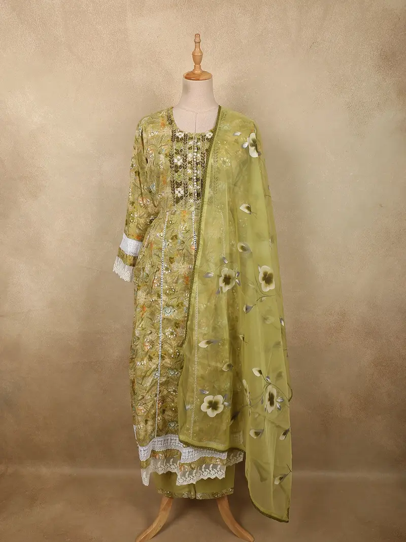 Soft Pistachio Olive Green Floral Printed Design Cotton Anarkali Salwar Suit With Dupatta 1