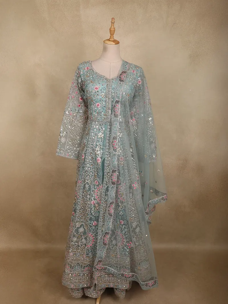 Soft Powder Aqua Blue Floral Sequins And Thread Embroidered Design Net Mastani Lehenga With Dupatta 1