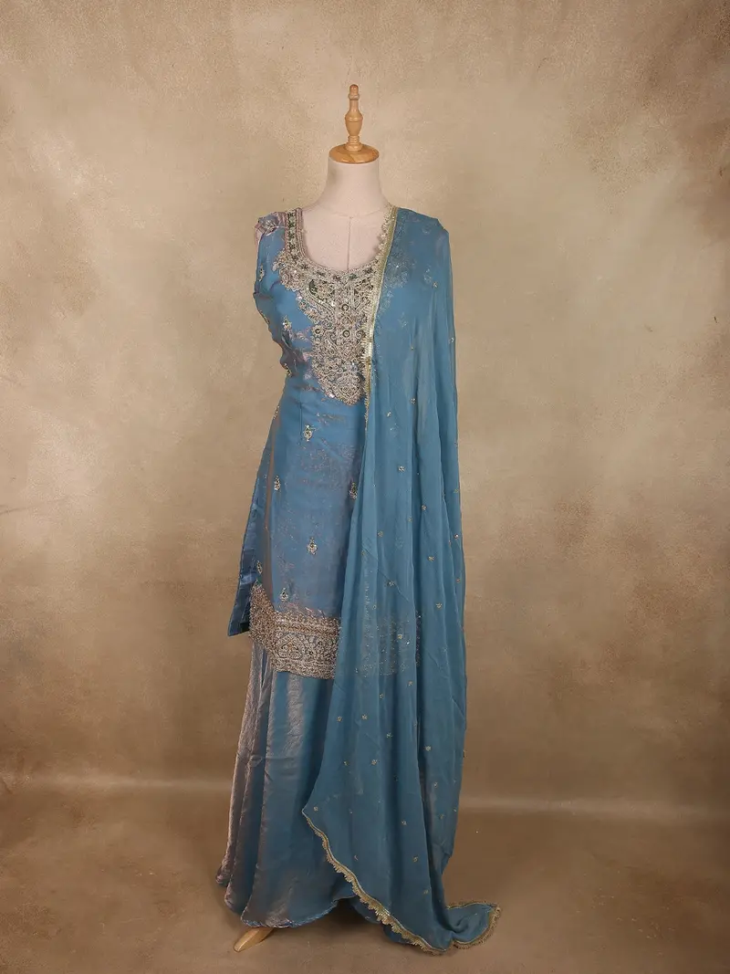 Soft Powder Blue Floral Beads Embroidered Design Organza Palazzo Suit With Dupatta 1