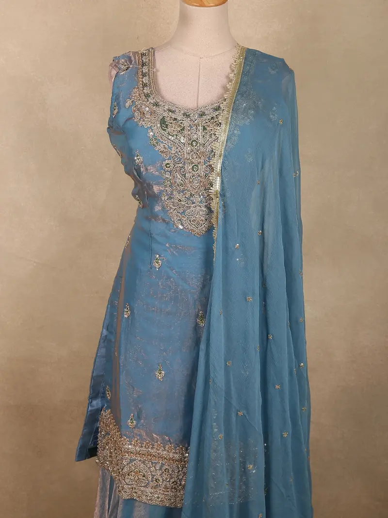 Soft Powder Blue Floral Beads Embroidered Design Organza Palazzo Suit With Dupatta 2