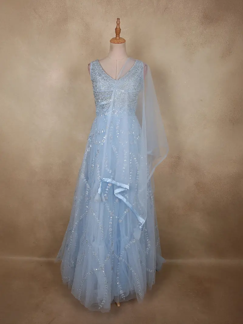 Soft Powder Blue Floral Sequins Embroidered Design Net Lehenga With Net Dupatta 1