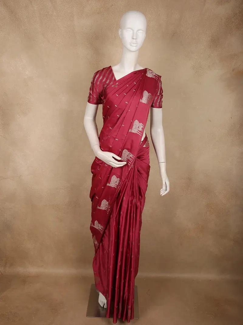 Soft Raspberry Rose Pink Floral Butta Zari Woven Design Semi Banarasi Saree With Animal Motif Border 1