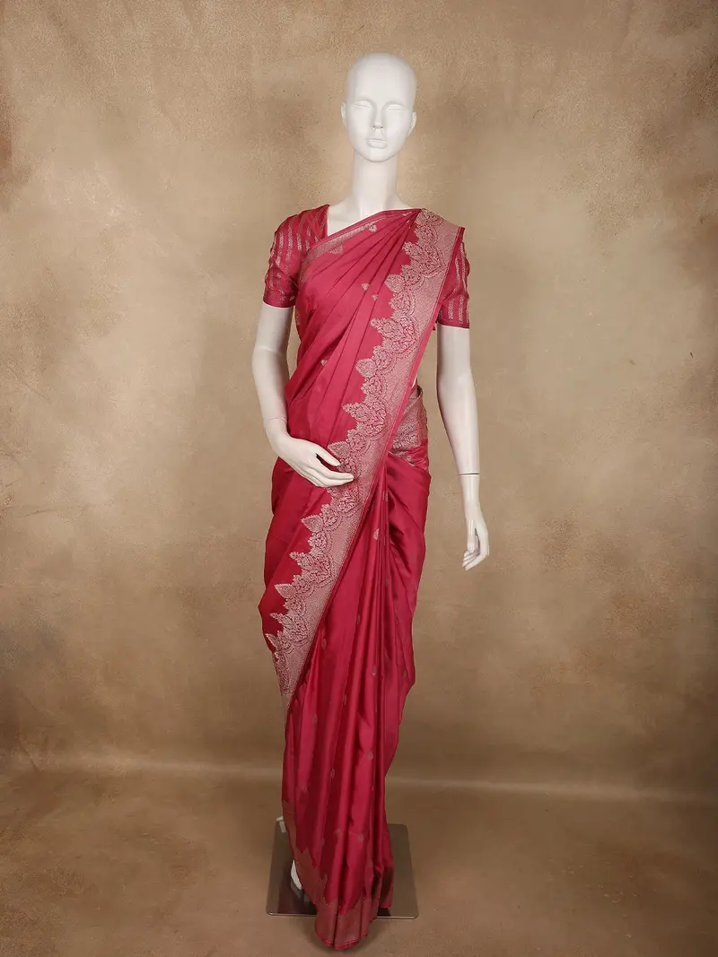 Soft Raspberry Rose Pink Floral Butta Zari Woven Design Semi Banarasi Saree With Zari Border 1