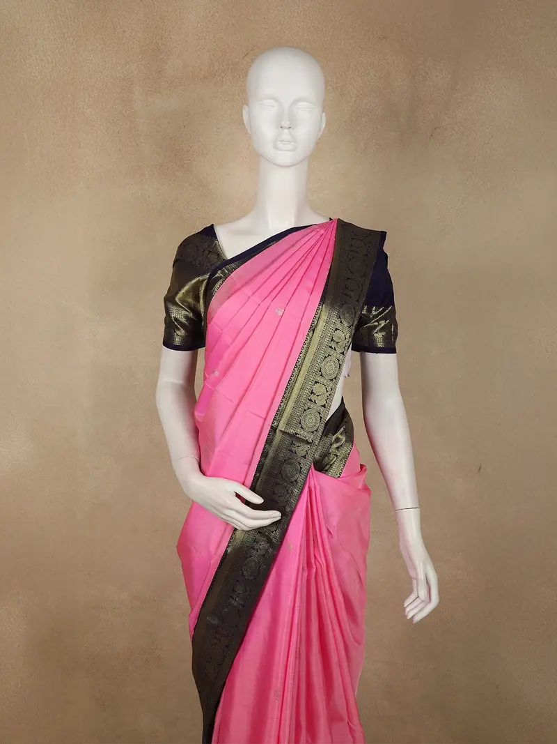 Soft Rose Pink Butta Zari Woven Design Pure Kanchipuram Silk Saree With Contrast Zari Border 2
