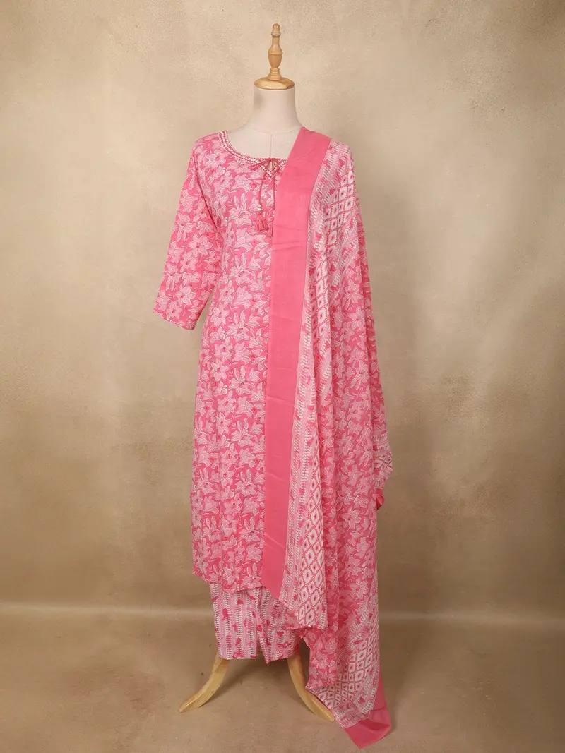 Soft Rose Pink Floral Printed Design Cotton Straight Cut Salwar Suit With Dupatta 1