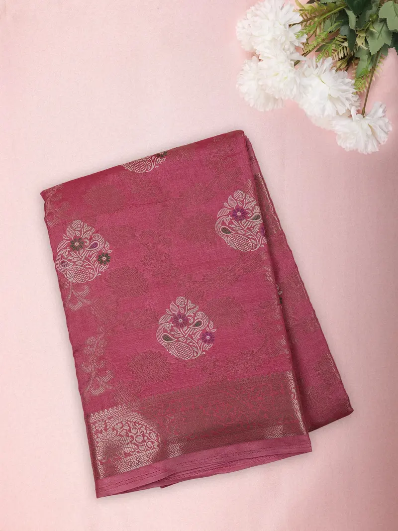 Soft Rose Pink Floral Zari Woven Design Mixed Cotton Saree With Floral Zari Border 1