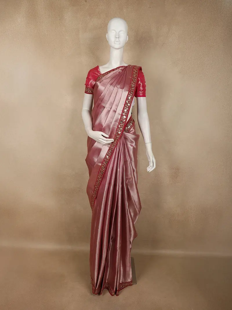 Soft Rose Pink Geometric Zari Woven Design Tissue Designer Saree With Sequins Border 1