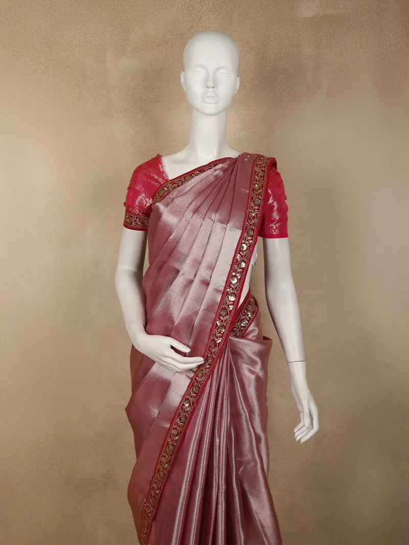 Soft Rose Pink Geometric Zari Woven Design Tissue Designer Saree With Sequins Border 2