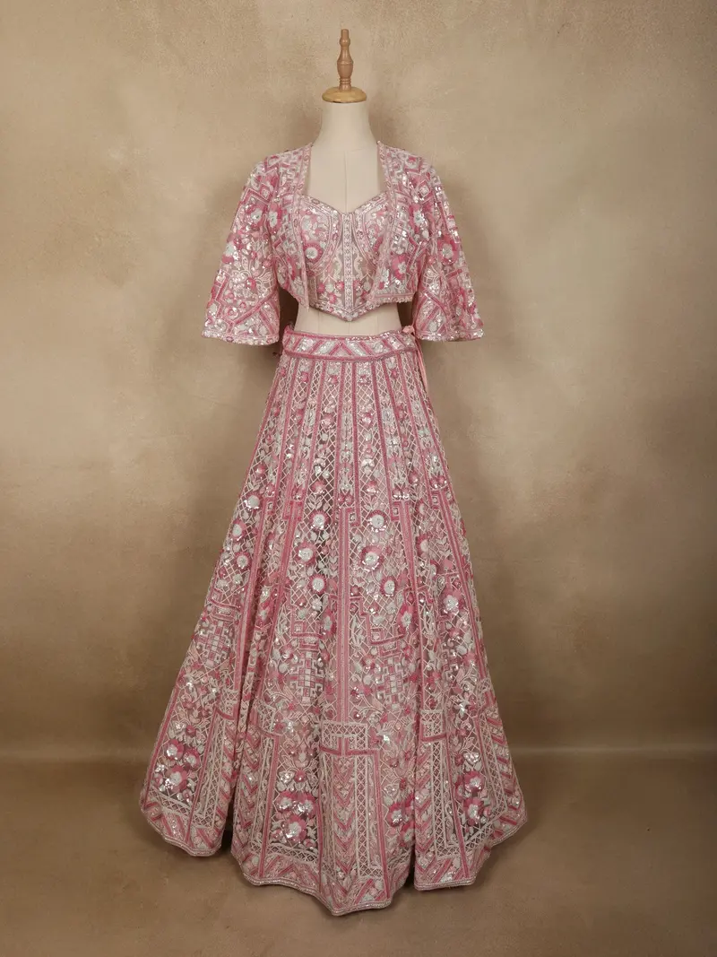 Soft Rose Pink Heavy Sequins And Beads Embroidered Design Net Bridal Lehenga With Jacket 1