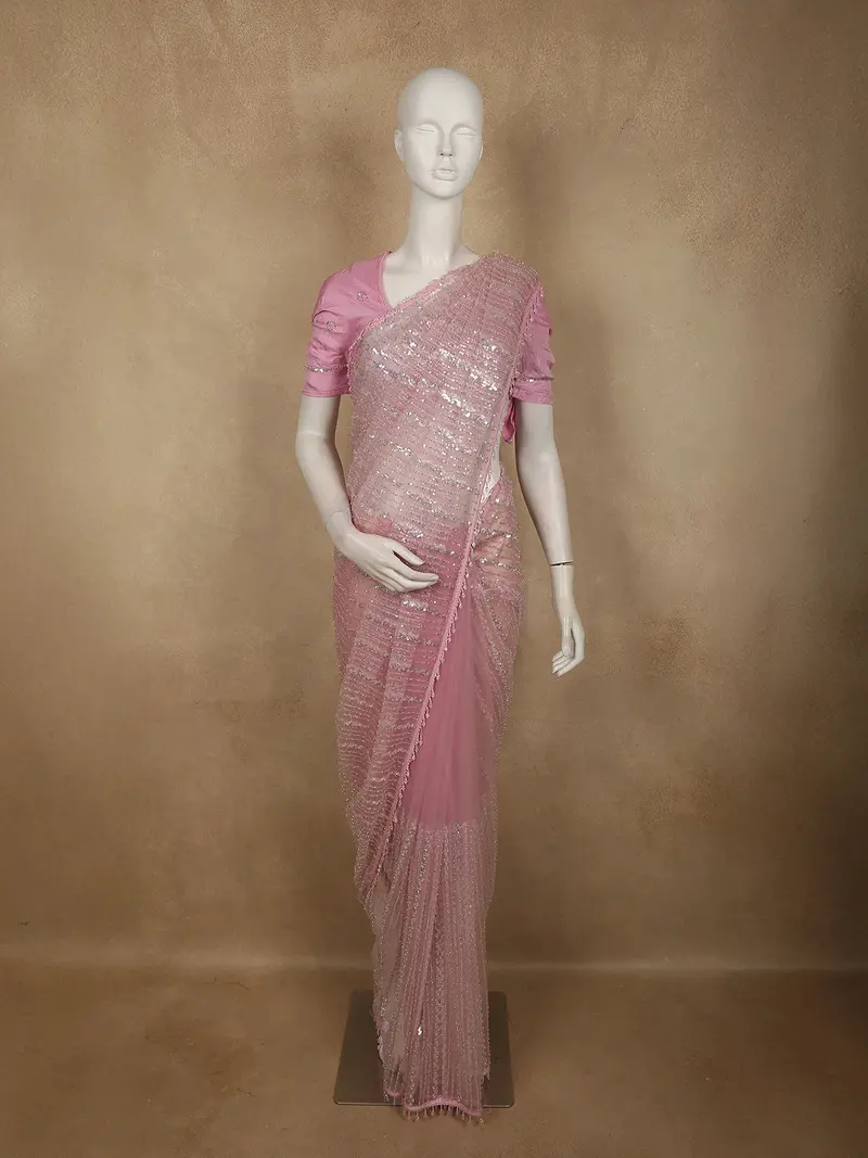 Soft Rose Pink Heavy Sequins And Beads Embroidered Design Net Designer Saree With Designer Border 1