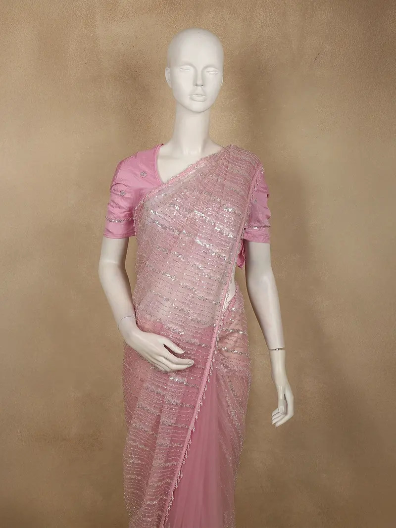 Soft Rose Pink Heavy Sequins And Beads Embroidered Design Net Designer Saree With Designer Border 2