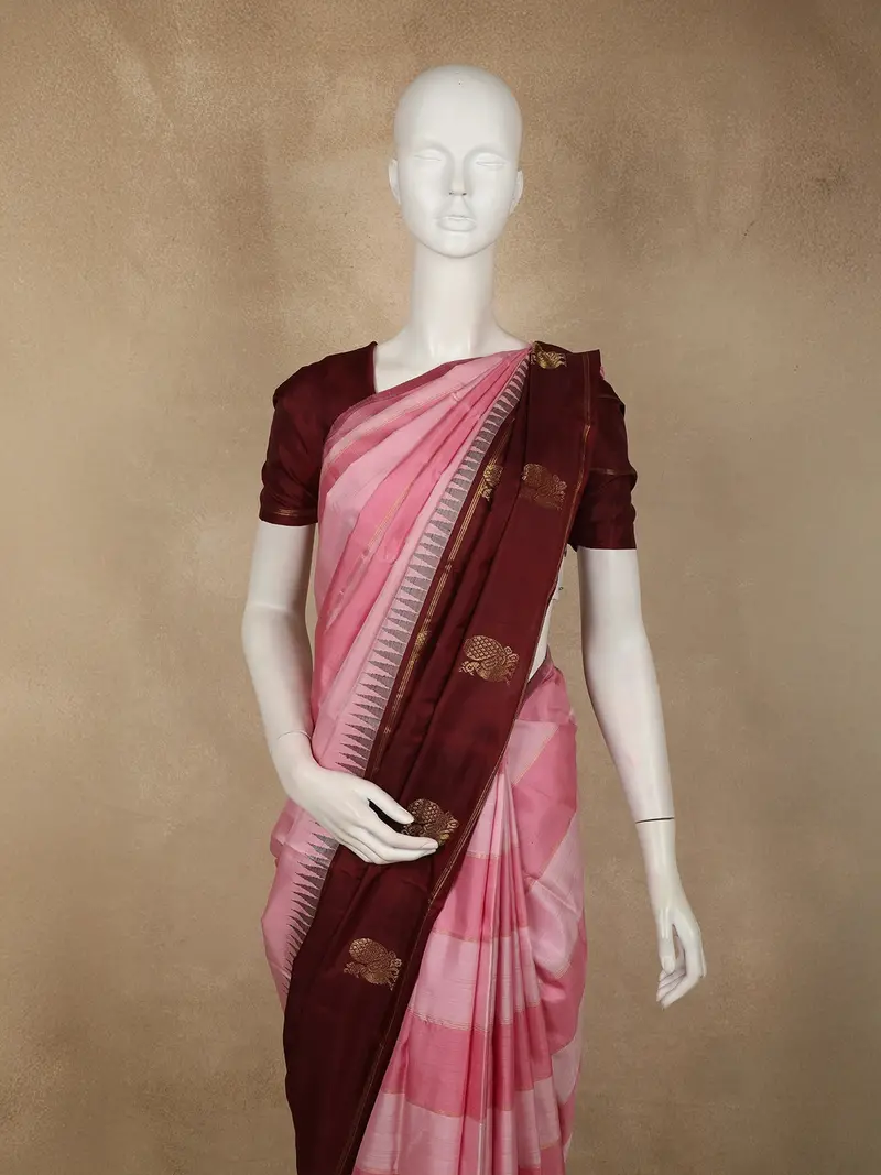 Soft Rose Pink Striped Woven Design Pure Kanchipuram Silk Saree With Contrast Peacock Border 2