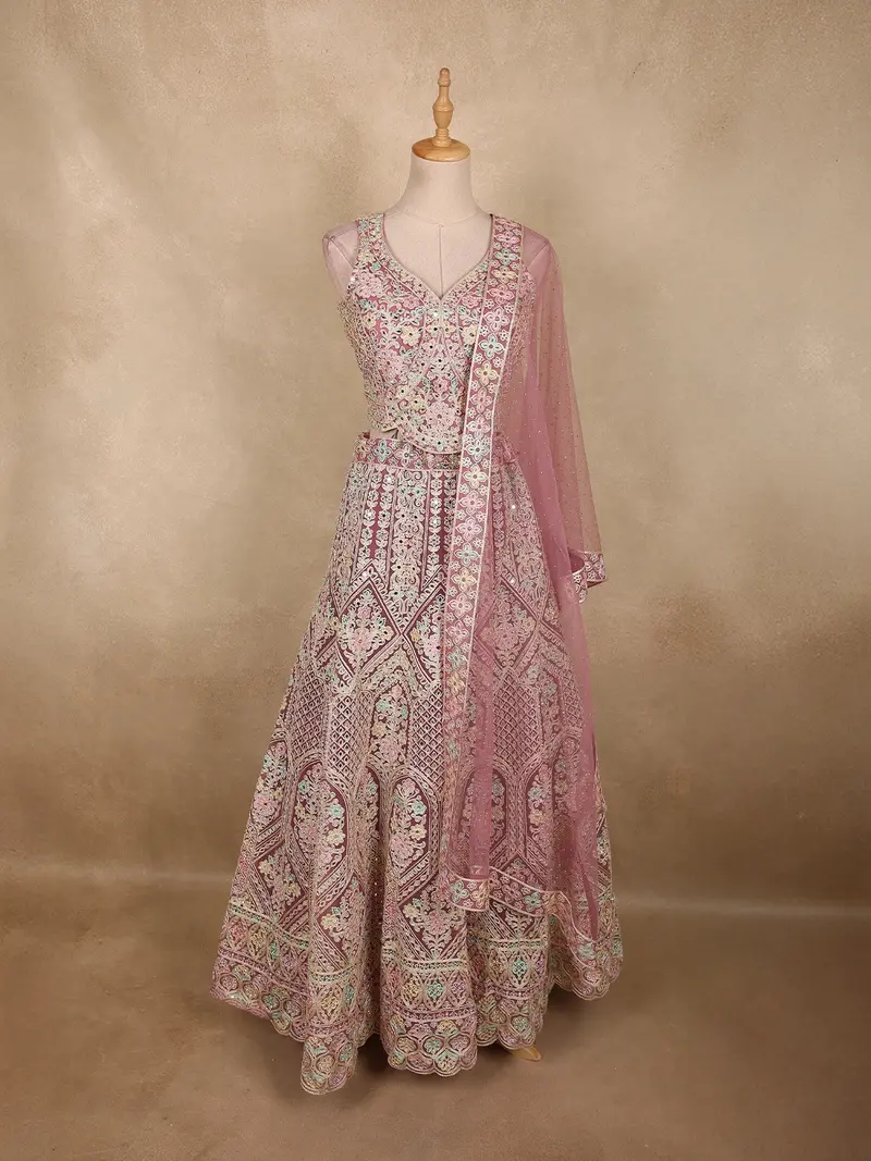 Soft Rose Quartz Pink Floral Embroidered And Stone Embellished Design Net Lehenga With Net Dupatta 1