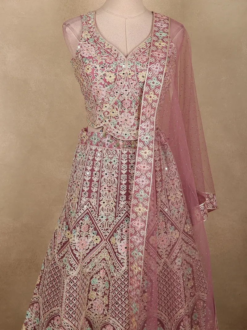 Soft Rose Quartz Pink Floral Embroidered And Stone Embellished Design Net Lehenga With Net Dupatta 2
