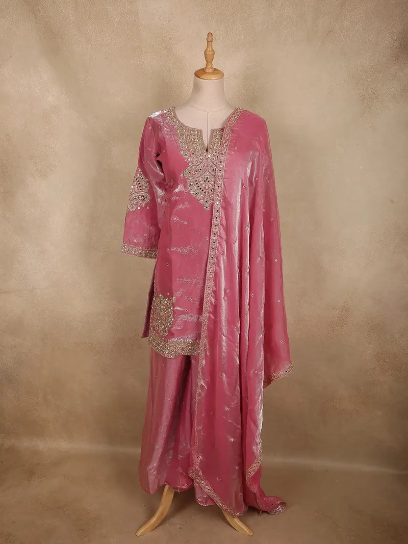 Soft Rosewood Pink Beads And Mirror Embroidered Design Organza Sharara Suit With Dupatta 1
