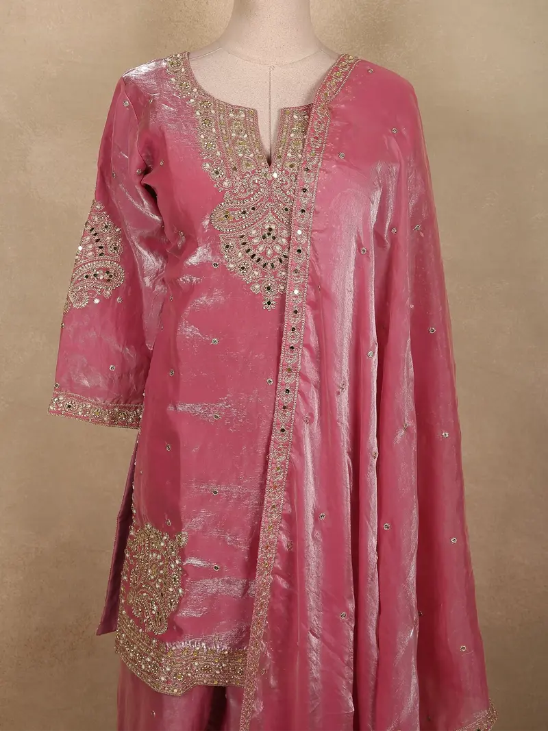 Soft Rosewood Pink Beads And Mirror Embroidered Design Organza Sharara Suit With Dupatta 2