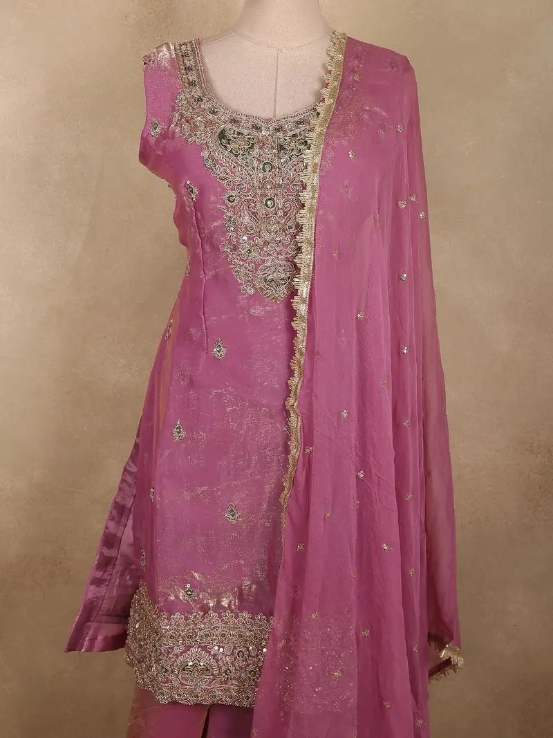Soft Rosewood Pink Floral Beads Embroidered Design Organza Palazzo Suit With Dupatta 2