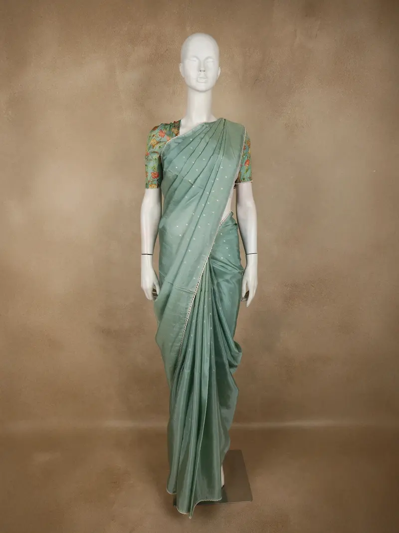 Soft Sage Green Butta Woven Design Soft Tissue Saree With Scalloped Border 1