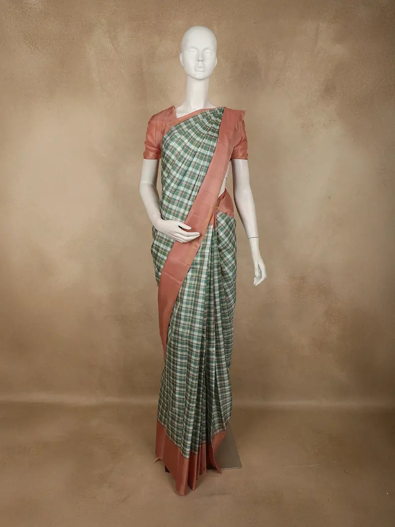 Soft Sage Green Checked Zari Woven Design Pure Kanchipuram Silk Saree With Contrast Border 1