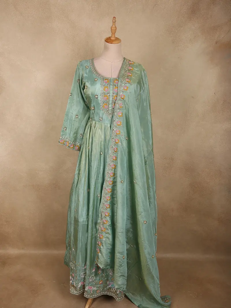 Soft Sage Green Floral Beads Embroidered Design Organza Gown With Dupatta 1