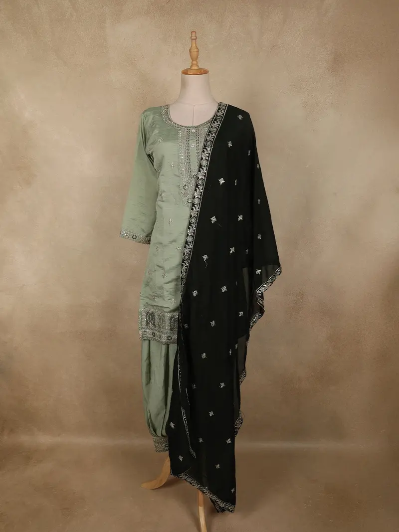 Soft Sage Green Floral Embellished Design Silk Palazzo Suit With Contrast Dupatta 1