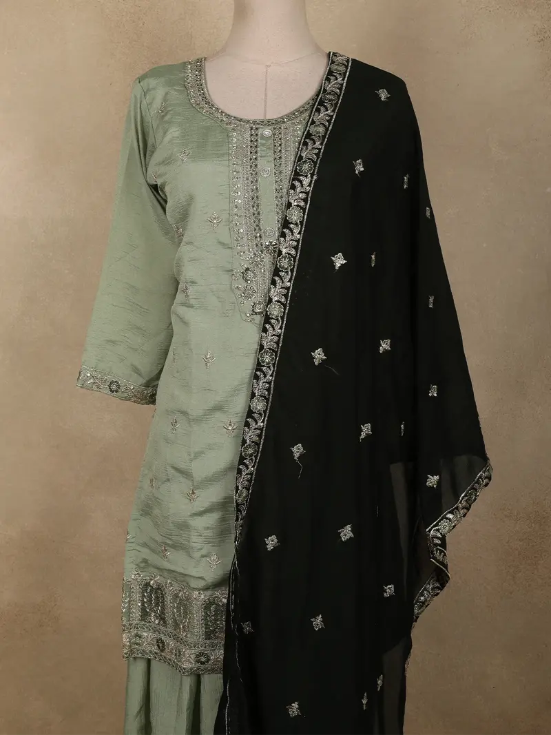 Soft Sage Green Floral Embellished Design Silk Palazzo Suit With Contrast Dupatta 2