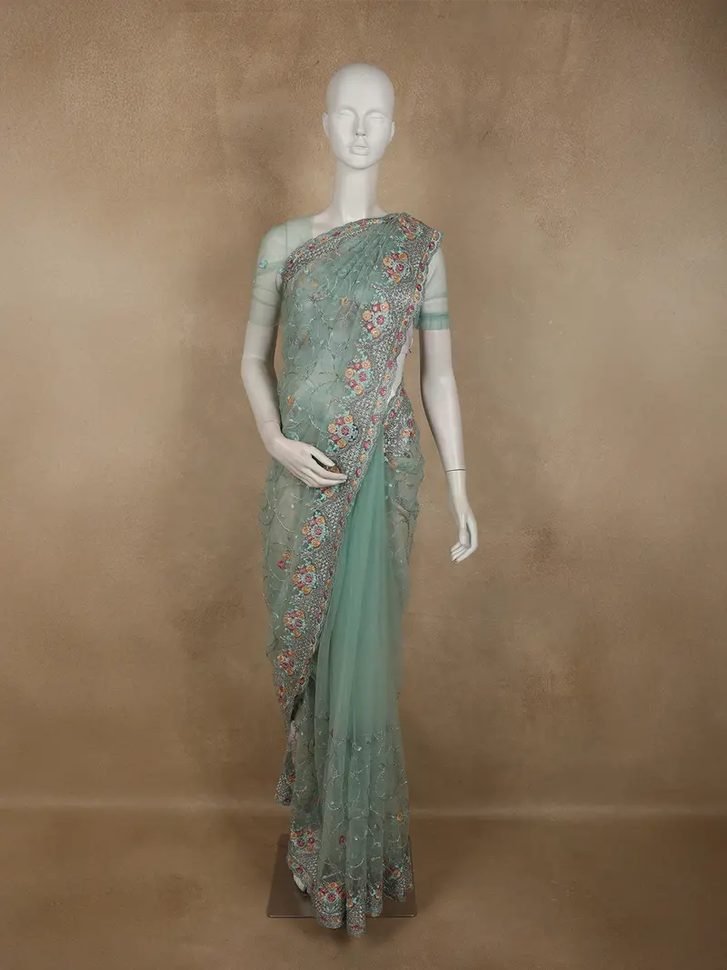 Soft Sage Green Floral Embroidered Design Net Designer Saree 1